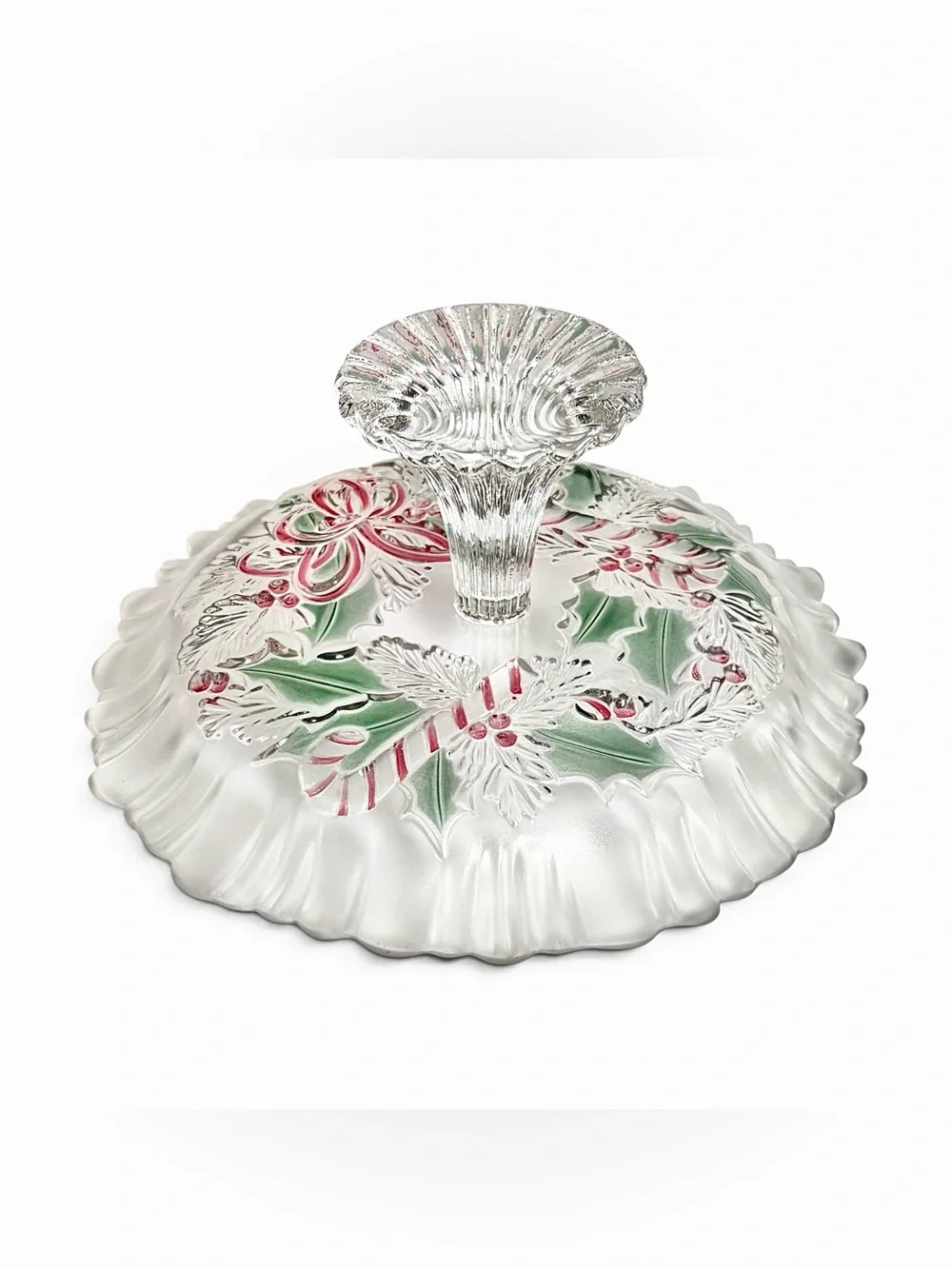 Mikasa Festive Wreath Glass Christmas Pedestal Candy Dish Cake Stand 9”